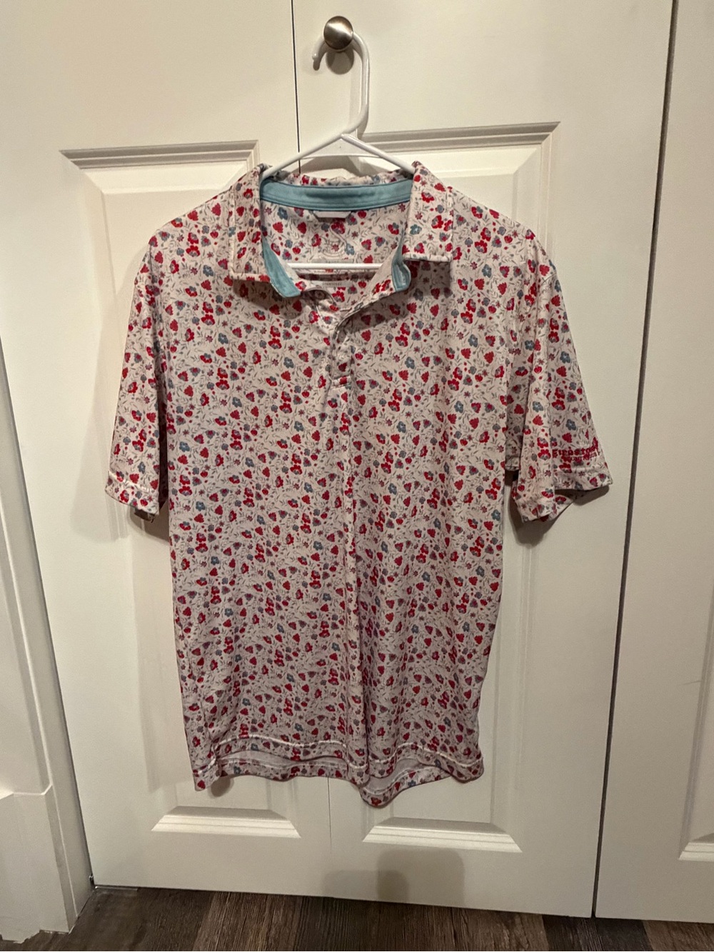Men's Short-Sleeve Polo with Red Floral Print on White